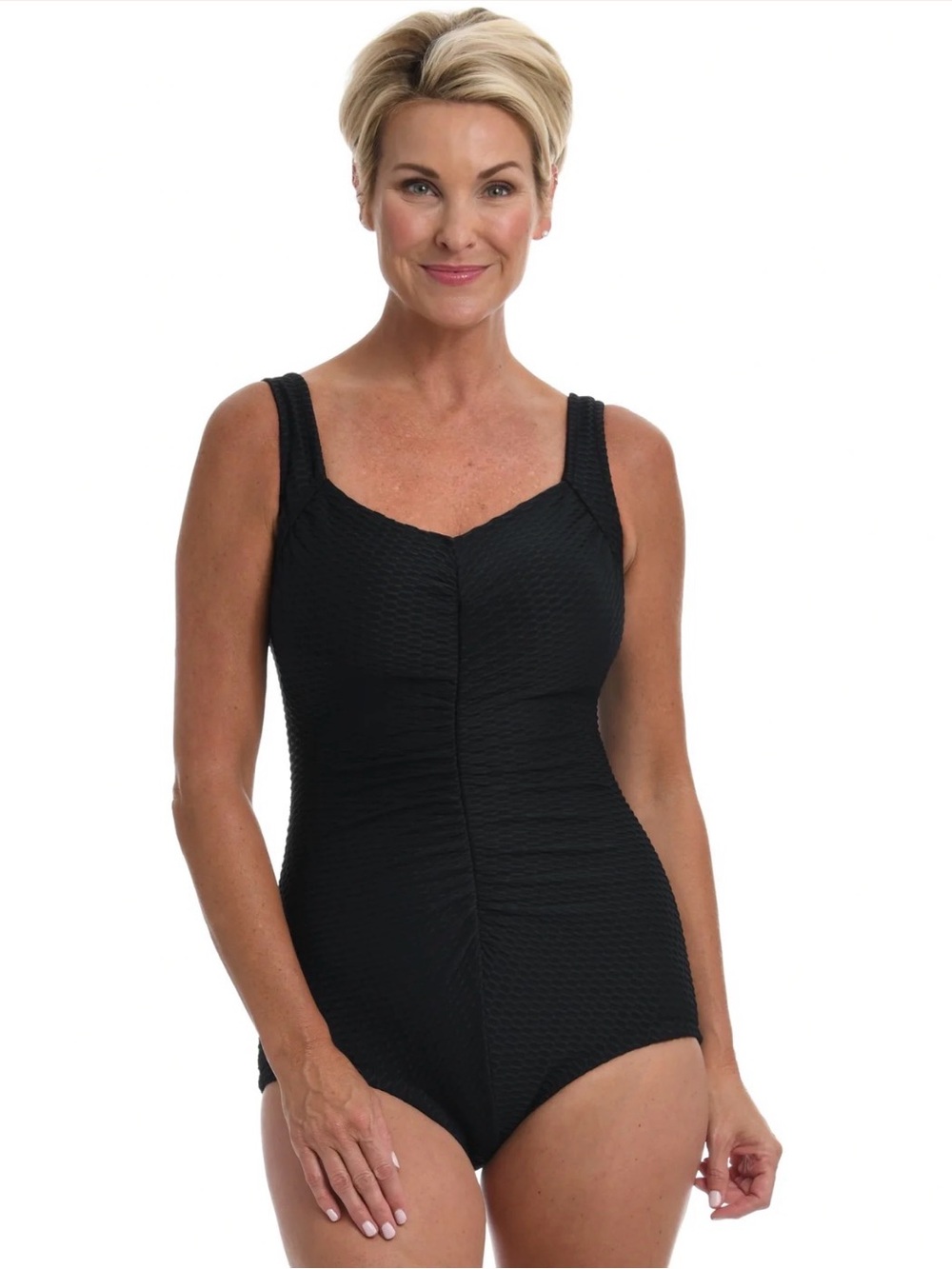 Maxine of Hollywood Black Shirred Girl Leg Swimsuit- 12